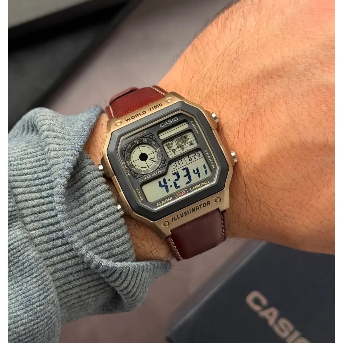 Casio AE-1200WH World Time Digital Watch - Gold & Maroon Leather